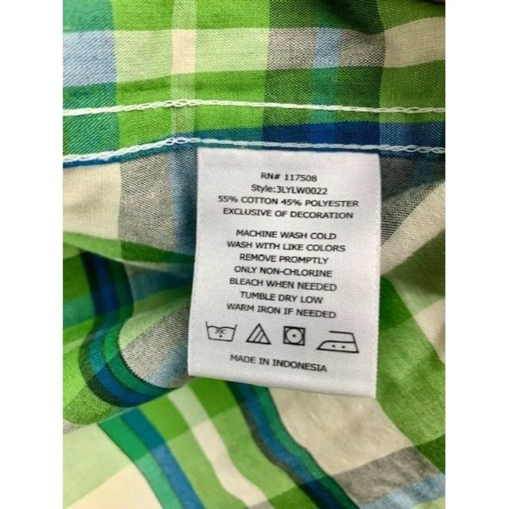 Levis Men's X-Large Plaid Button-Up Western Shirt Green‎ & Blue with Pearl Snaps